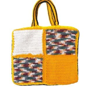 Artisan-made Multi color mustard Crochet Tote Bag Handbag Patchwork design